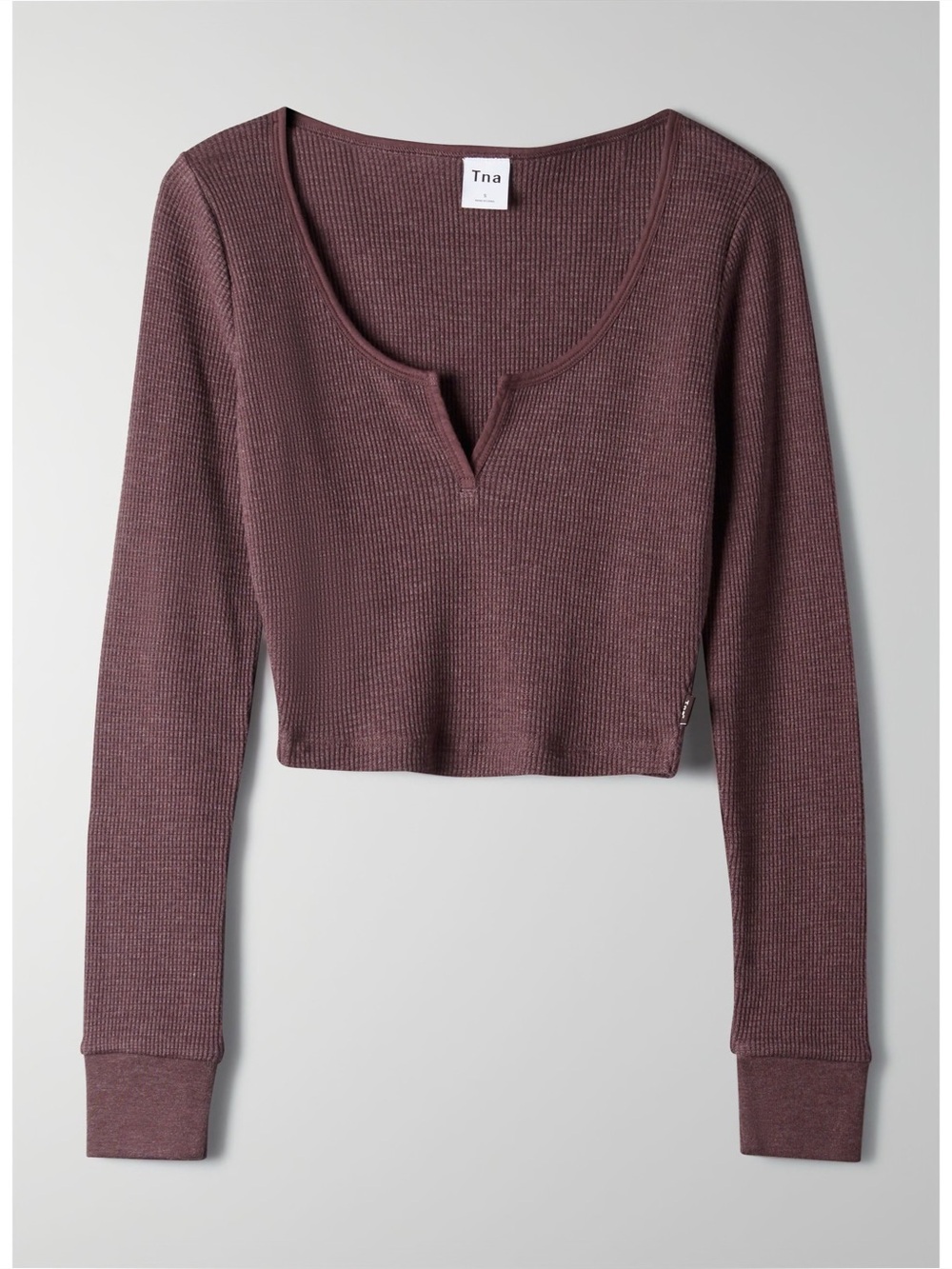 | Aritzia | TNA Waffle Scoop Neck Notch Cropped Long Sleeve Top